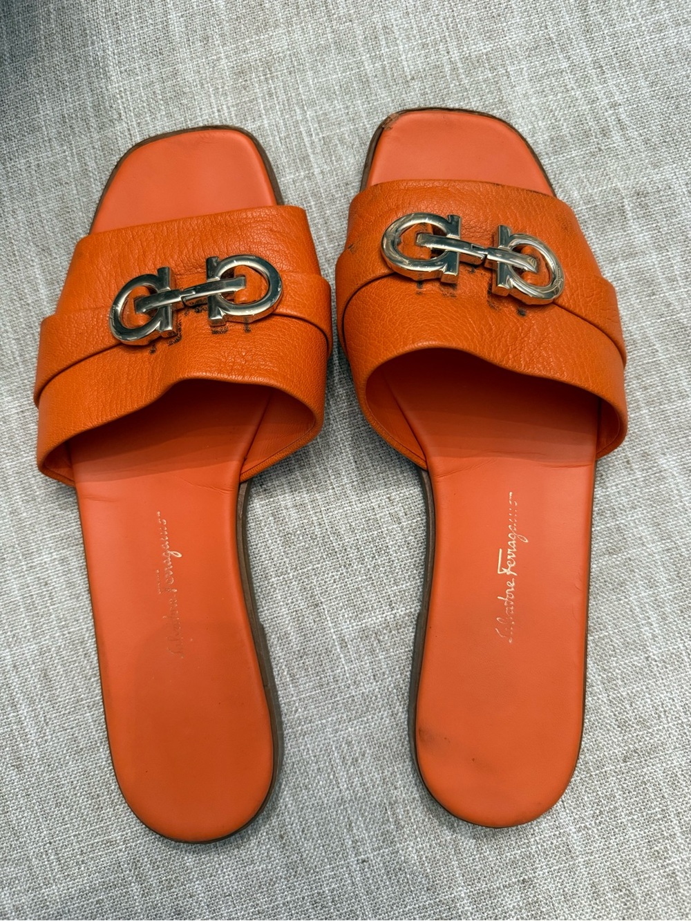 Salvatore Ferragamo Orange Leather Horsebit Slide Sandals